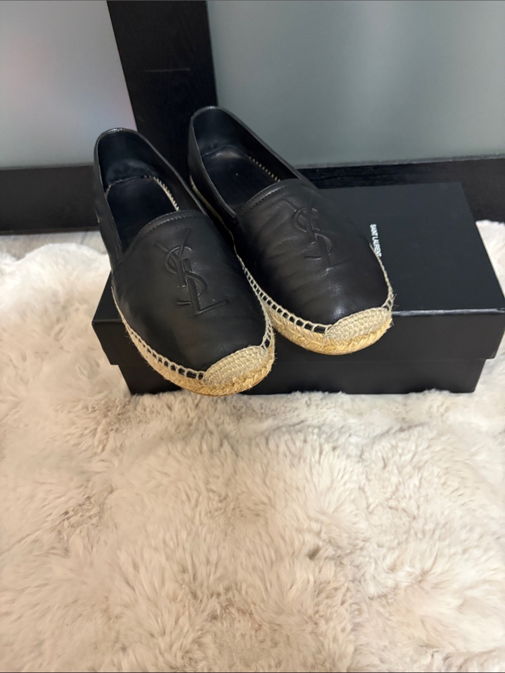 Saint Laurent Black Leather Espadrille Slip-Ons